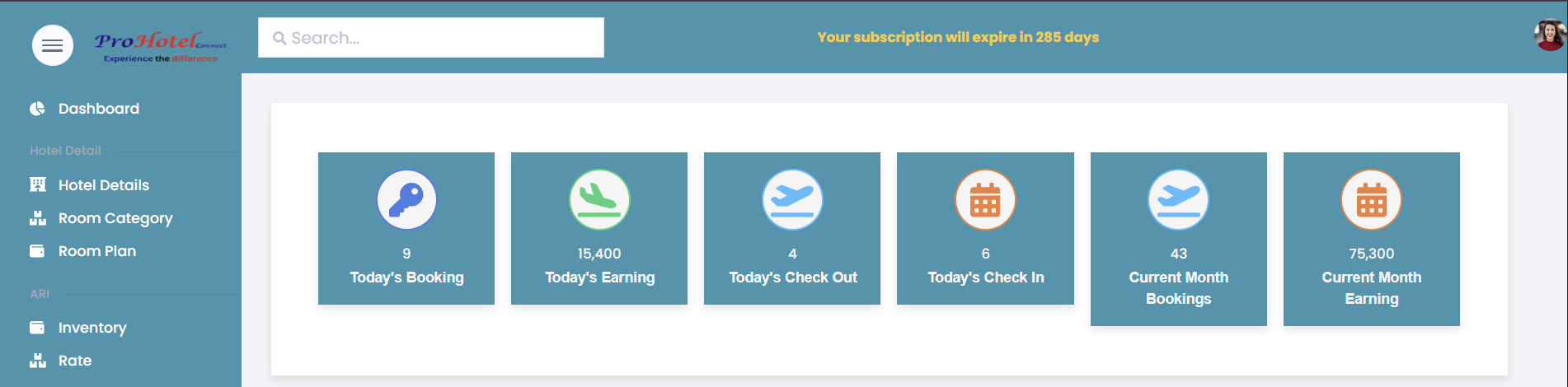 ProHotelConnect Dashboard Screen