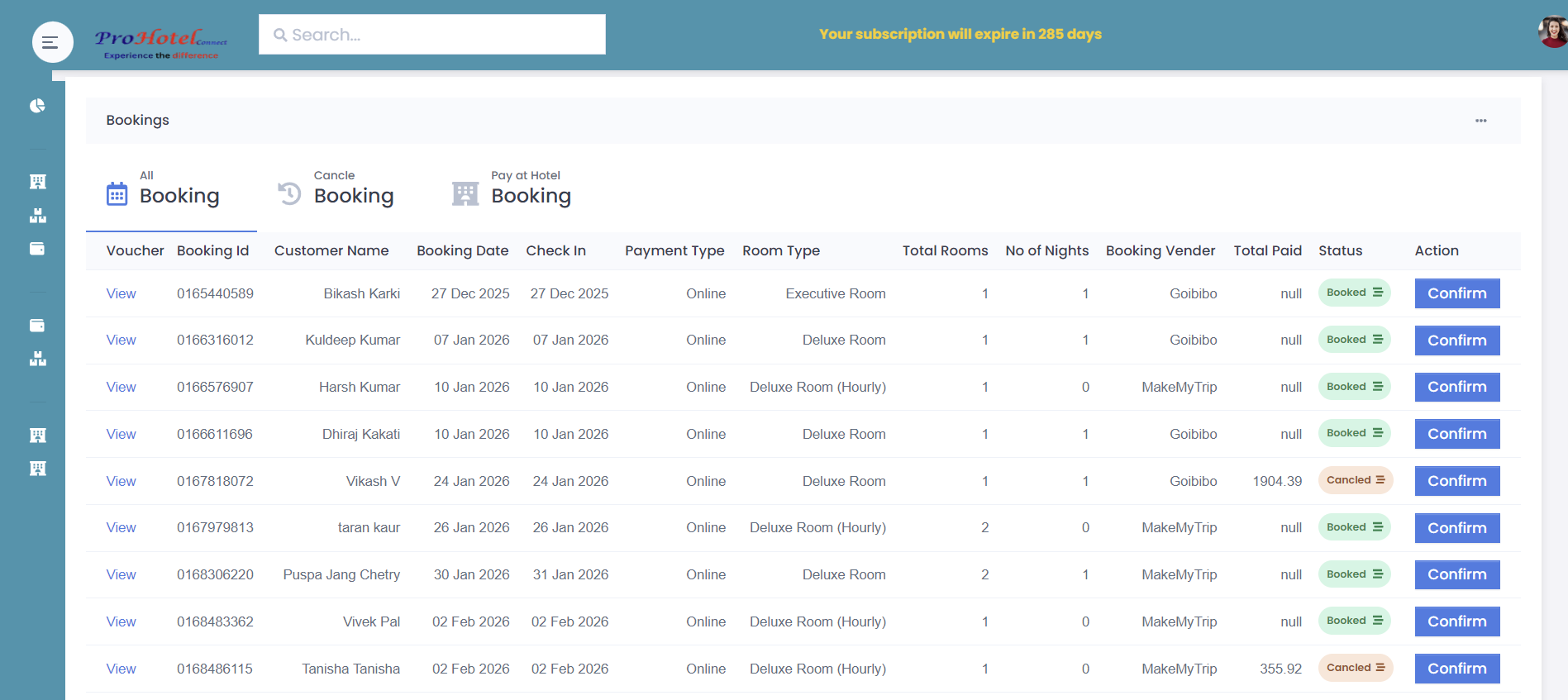 ProHotelConnect Booking List Screen